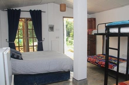 Hiring the whole guest house at Jungle Tide near Kandy includes the garden family room Kingfisher camping barn with double bed and bunk beds